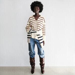 Copied - Zara Oversized Polo Knit Jumper Striped Polo Sweater Ecru Red Size S